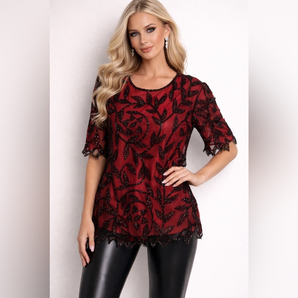 100% Silk Red Sheer Blouse Black Beaded Floral Top Scalloped Hem Elegant Large